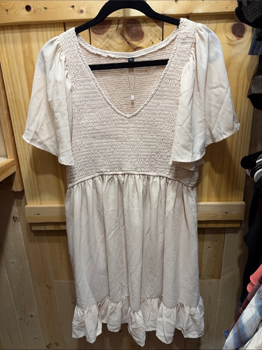 Cream Smocked V-Neck Ruffle Hem Dress